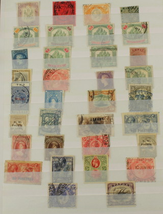 A Central African one pound stamp, a George V Leeward Island one pound stamps, a George V Kenya and Uganda one pound stamp, a Sierra Leone 25 dollar stamp, a Selanor 10 dollar stamp, 2 Federated Malay State two dollar stamps and a sheet of various other stamps 