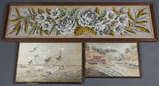 A bead work panel with floral decoration 41" x 10", 2 Chinese silk panels of geese 10" x 17", 1 other 10" x 14" 