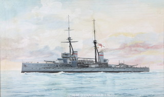 Edwardian oil Naval study HMS Vanguard 1910 on board 9.25" x 15.25"

