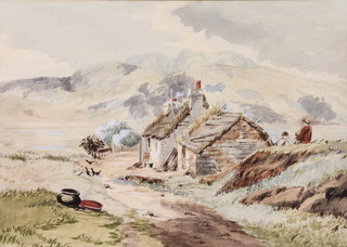 Early 20th century,watercolour, An Irish ? rural scene with figures before a croft, unsigned, 10" x 13.5"