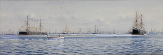 R Gurnell Oct 1898, watercolour, a moored fleet, signed and dated 3 3/4" x 11"