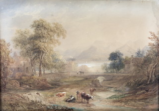 Henri Gastineau, 19th Century watercolour, an extensive country landscape with cattle and figures before buildings with distant mountains, unsigned inscribed on verso Derwentwater, 14" x 20" 