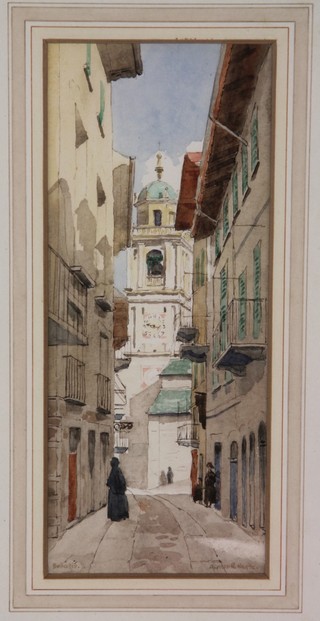 Alfred N Neate, watercolour Bellagio street scene, signed, 8.3" x 3.3" 