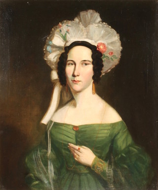19th century, oil on canvas, portrait of a young lady wearing a green silk dress and hat, unsigned, 29" x 24"