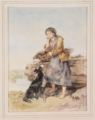 WB,watercolour, lady and a dog on an outcrop, unsigned 6.25" x 4.75"