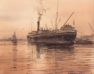 Joe Francis Dowden, watercolour, a moored steam ship in a harbour setting, signed, 6 1/2" x 8" 