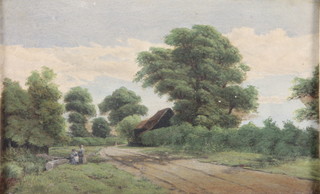 19th century, oil, on board, a country lane with figures, 7" x 11"
