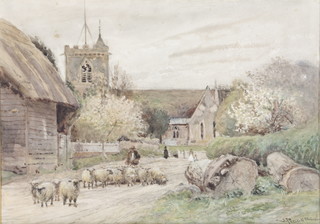 J Pedder,watercolour, figures and sheep before a church,signed 10" x 14"