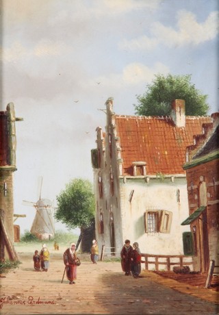 Johannes Erdmans, oil, on panel, a Dutch street scene with figures and distant windmill 7" x 5"