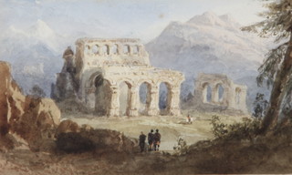 An Edwardian watercolour, Continental view of figures before a ruin, unsigned 2 3/4" x 4" 