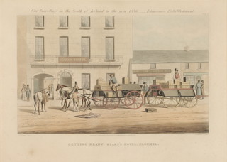 M A Hayes,  a set of 6 prints, Travelling by Car in the South of Ireland in 1856, 19th century coaching scenes, Dropping passengers, The arrival at Waterford Commins Hotel, Getting ready Hearns Hotel Clonmel, Arriving at the end of a stage, On the road at full pace, Taking of a passenger 11" x 15"