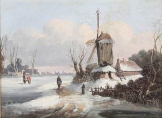 19th century, oil, on canvas, Dutch winter landscape, unsigned, 8.75" x 11.75"
