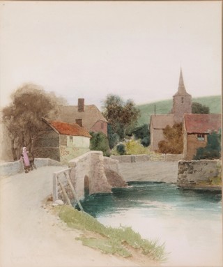 Edwardian, watercolour, figures on a bridge in a country village, indistinctly signed 10 1/4" x 8 1/2"