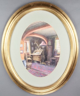Edwardian watercolour, oval, interior country house scene 14"x10" 