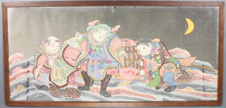 20th Century Chinese embroidery, a study of 3 figures in a landscape catching a carp 23" x 52" 