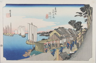Japanese woodblock print, figures beside a lake, signed 10"x15"  and 1 other ladies in a garden 10"x15"