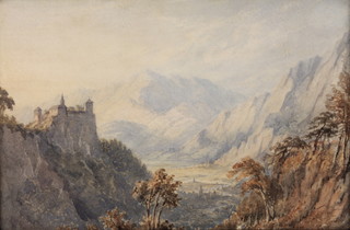 Edwardian watercolour, Continental mountain scene with hilltop castle, unsigned 6" x 10"