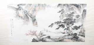 A Chinese print on silk, extensive landscape scene, signed 54" x 27"