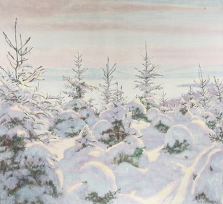 Fritz Osswald, oil,on canvas signed, Continental winter wooded landscape with distant mountains 38" x 43"