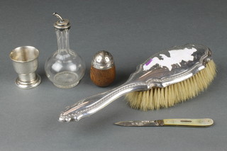 A silver hair brush. A ditto fruit knife and 3 other items
