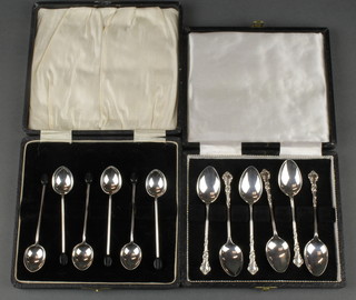 A cased set of 6 silver bean end coffee spoons, Sheffield 1927 and a set of ditto fancy coffee spoons, Birmingham 1902 Gross 74g