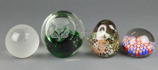 A studio glass bird paperweight 4" and 3 others
