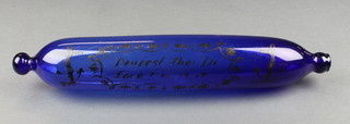 A Victorian blue glass rolling pin with painted verse flanked by anchors 13"