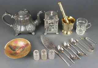 A glass preserve pot in a plated stand minor plated items and brassware