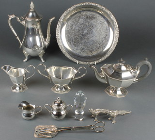 A silver plated 3 piece octagonal tea set minor plated items