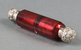 A Victorian ruby glass double ended silver mounted scent 4"