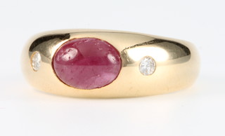 A gentlemans 18ct yellow gold ruby and diamond gypsy ring Size O1/2