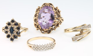 A 9ct gold amethyst dress ring, 3 9ct rings - sapphire and diamond, diamond crossover and diamond half hoop Sizes N, O, P and N