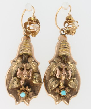 A pair of continental yellow gold seed pearl and turquoise drop earrings