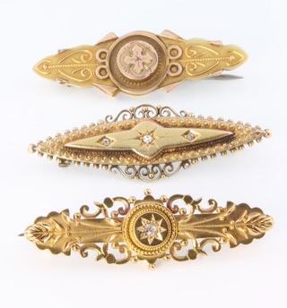 An Edwardian 15ct yellow gold 3 stone diamond bar brooch, a single stone ditto and a 9ct ditto