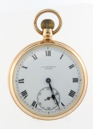A gentlemans 9ct yellow gold J W Benson mechanical pocket watch with seconds at 6 o'clock
