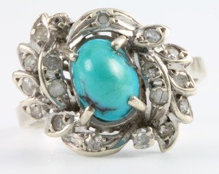 A white gold turquoise and diamond whorl ring, size M 1/2