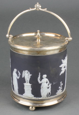 A Jasper style black ground biscuit barrel with plated mounts