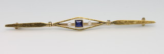 A 15ct yellow gold sapphire and seed pearl bar brooch