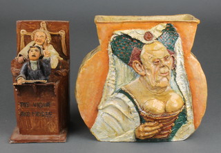 A Bob Fitzgerald glazed group The vicar and moses 8" a ditto vase with stylised figures 8 1/2"