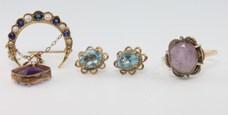 An Edwardian yellow gold sapphire and pearl crescent brooch and 4 other items