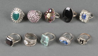 Ten gem set silver rings