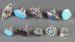 Ten silver gem set rings