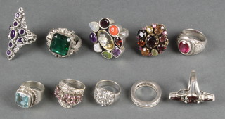 Ten silver gem set rings