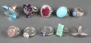 Ten silver gem set rings