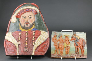A Bob Fitzgerald glazed panel of Henry VIII 13 1/2" a ditto of Brighton nudists 8 1/2"