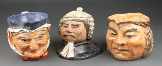 Two Bob Fitzgerald glazed character jugs 5", a ditto tobacco jar in the form of a wigged lawyer