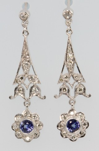 A pair of 18ct white gold sapphire and diamond Victorian style drop earrings 
