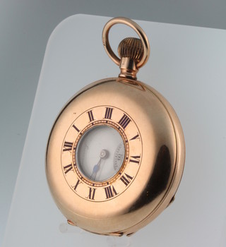 A gentlemans 9ct yellow gold and enamel half hunter mechanical pocket watch with seconds at 6 o'clock the dial inscribed Bravingtons