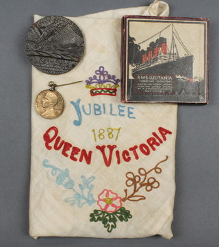 A Lusitania Medal, boxed and a Jubilee 1887 Handkerchief