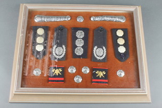 Fire Service, a collection of epaulettes, badges etc, framed as one